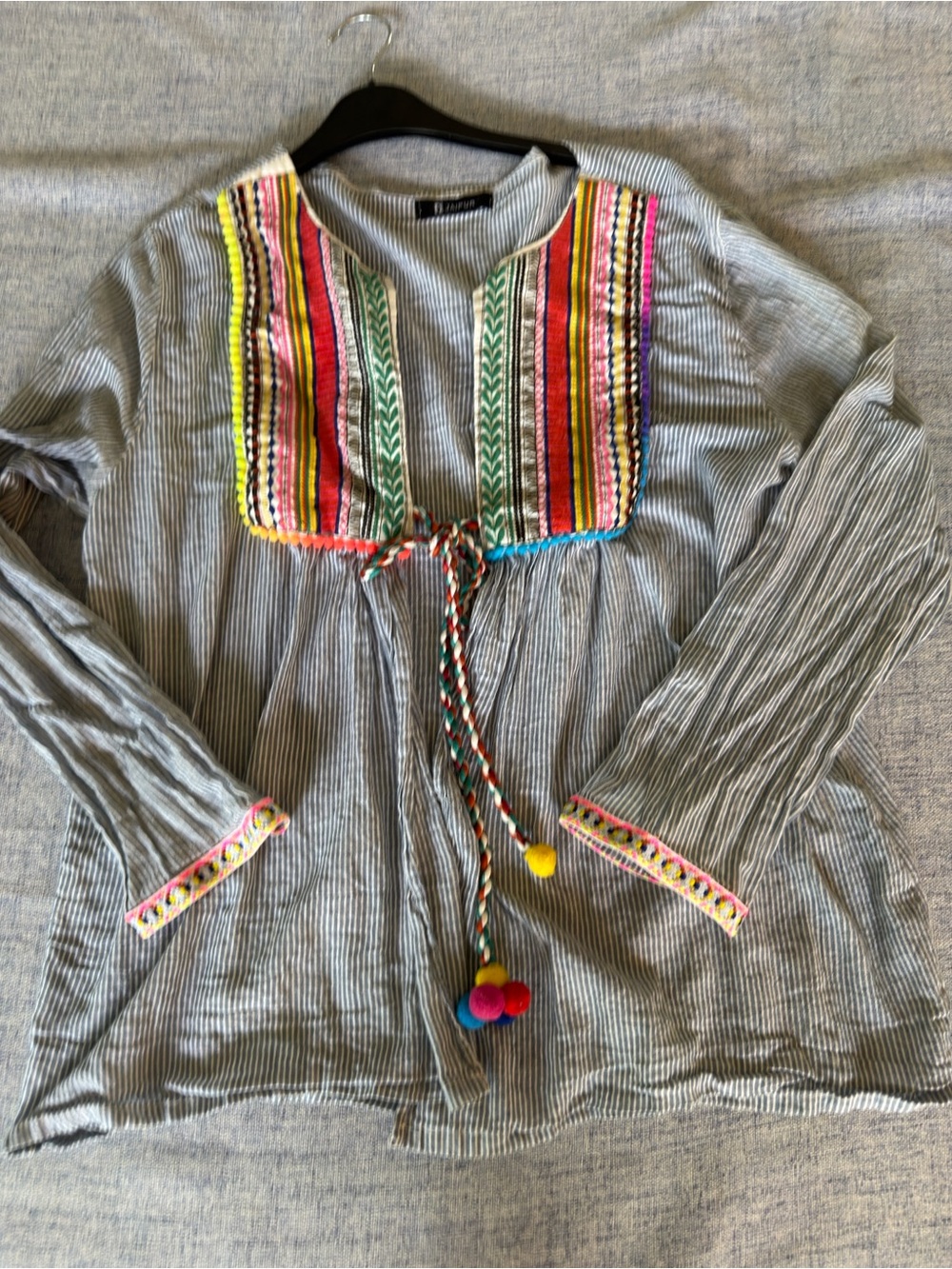 Boho Embroidered Tunic Top One Size | Pom Pom Tassel Blouse